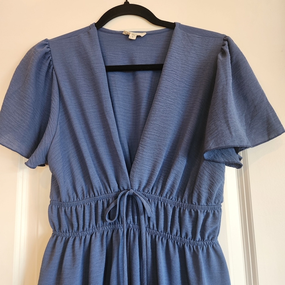 See You Monday Dusty Blue V-Neck Elastic Waist Maxi Dress Size L Flutter Sleeves - Picture 4 of 12